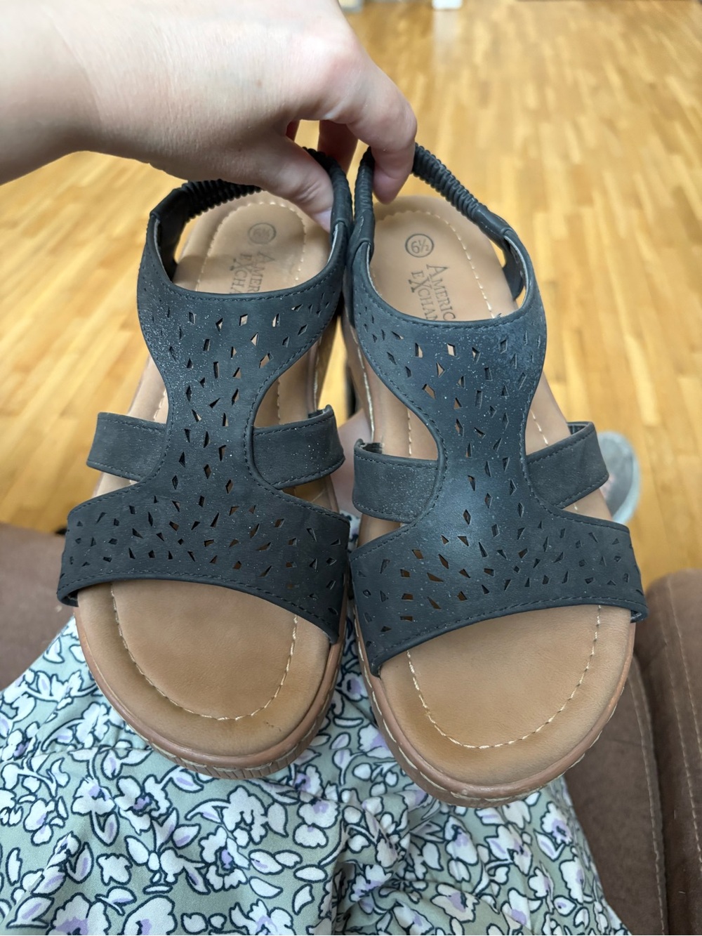 American Exchange Charcoal Gray Laser-Cut Slingback Sandals